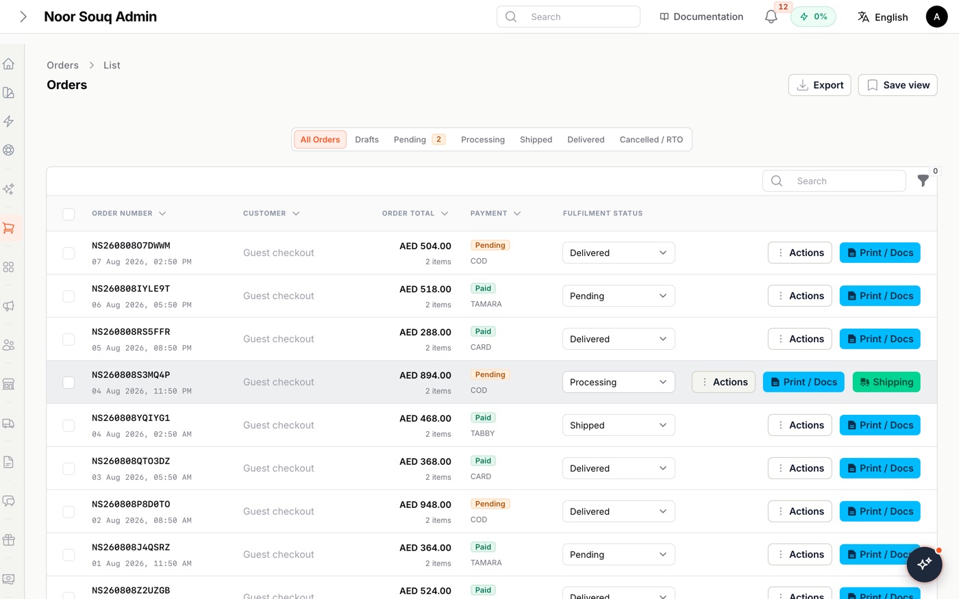Admin panel order management