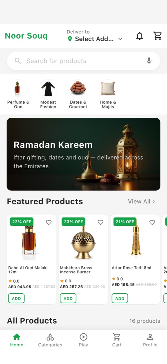 The customer app home screen, running natively on iOS