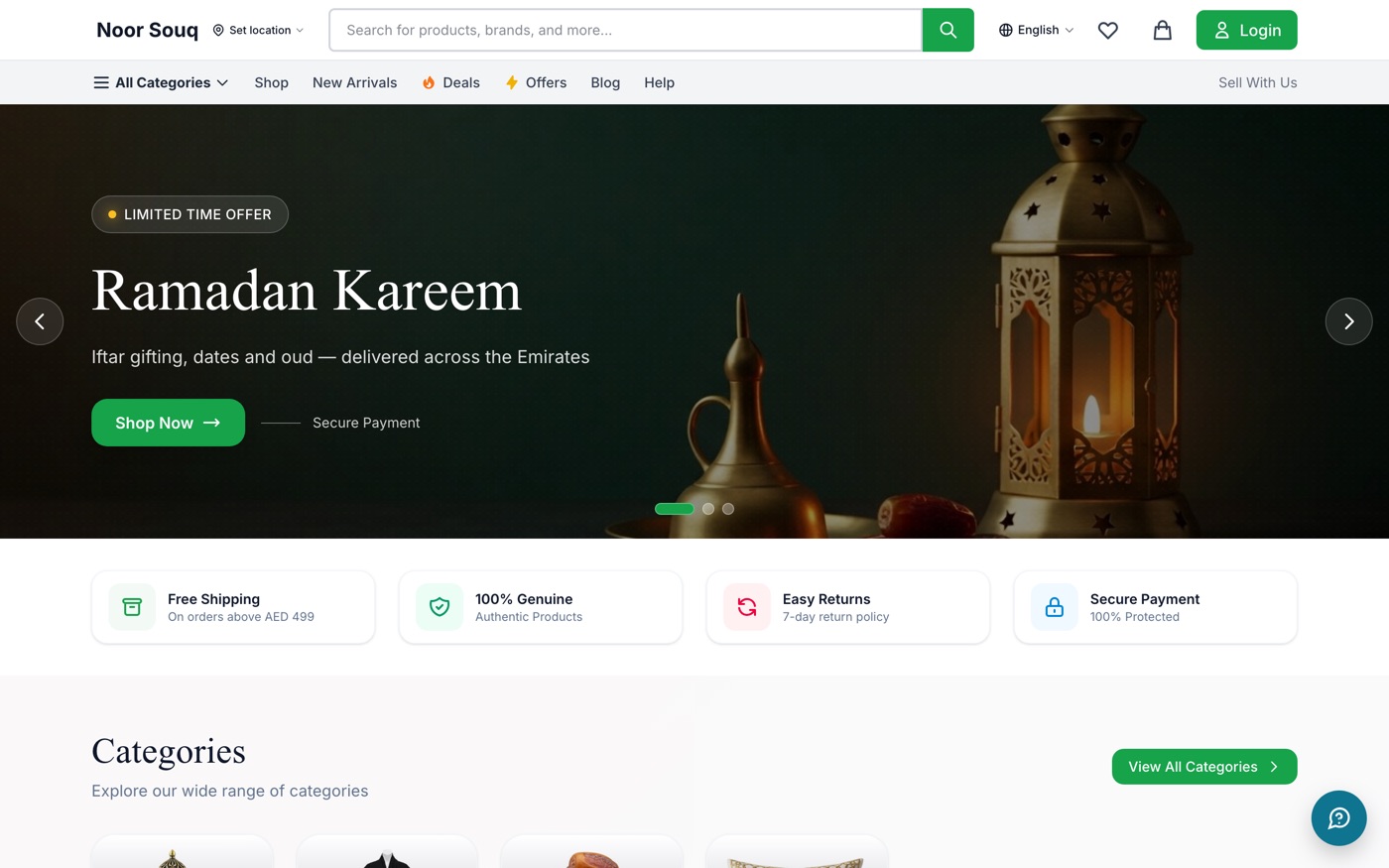 The Noor Souq storefront running on FlexiCommerce, with AED pricing
